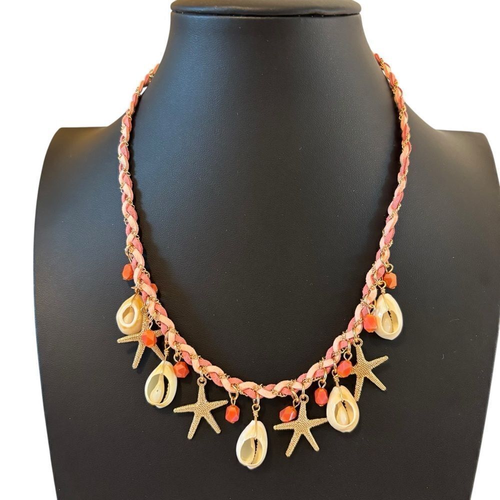 Sparkly Gold Tone Starfish and Shell Charm Necklace.
